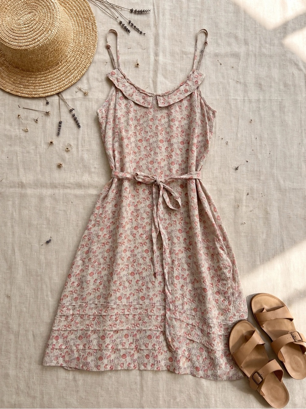 Anthropologie Eloise Floral Tie-Waist Sundress with Peter Pan Collar - Pink L